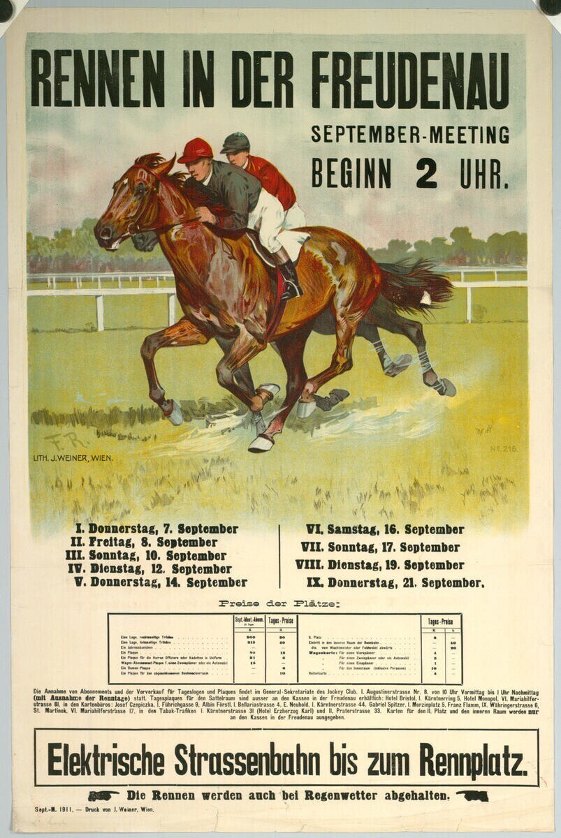 Plakat für ein Pferderennen in Deutschland, das zwei Reiter auf Pferden im Vordergrund und Bäume im Hintergrund zeigt sowie Text mit Renninformationen.