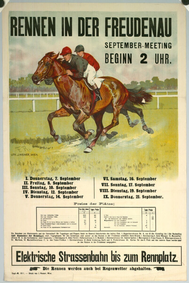 Plakat für ein Pferderennen in Deutschland, das zwei Reiter auf Pferden im Vordergrund und Bäume im Hintergrund zeigt sowie Text mit Renninformationen.