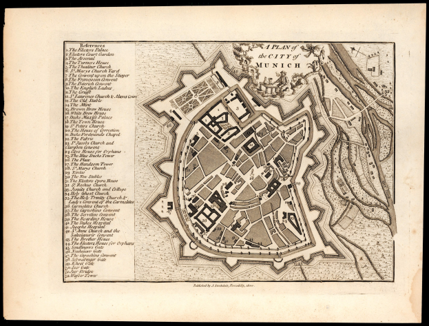 Ein alter Stadtplan von München, Deutschland, mit schwarzem Hintergrund, der detaillierte Straßen, Gebäude und Sehenswürdigkeiten zeigt, zusammen mit Text, der zusätzliche Informationen bietet.