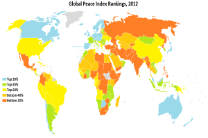 Eine Weltkarte, die die Globalen Friedensindex-Rankings für 2012 darstellt, mit der Überschrift "Globale Friedensindex-Rankings 2012".