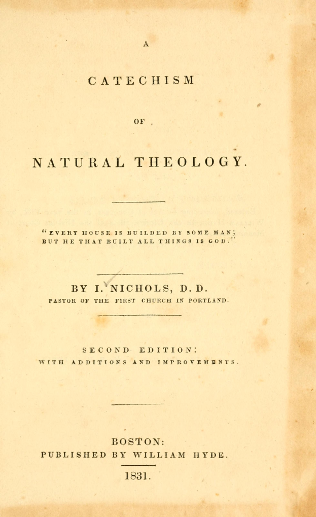 Ein altes Buch mit dem Titel "A Catechism of Natural Theology" ist aufgeschlagen und zeigt eine Seite mit schwarzer Kursivschrift auf einem hellen Cremehintergrund.