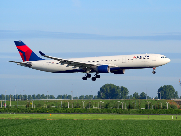 Delta Air Lines Boeing 787-9 Dreamliner beim Abheben vom Frankfurt Airport mit grünem Gras darunter, Laternenmasten und Bäumen im Hintergrund, einem Turm auf der rechten Seite und weißen Wolken am Himmel.