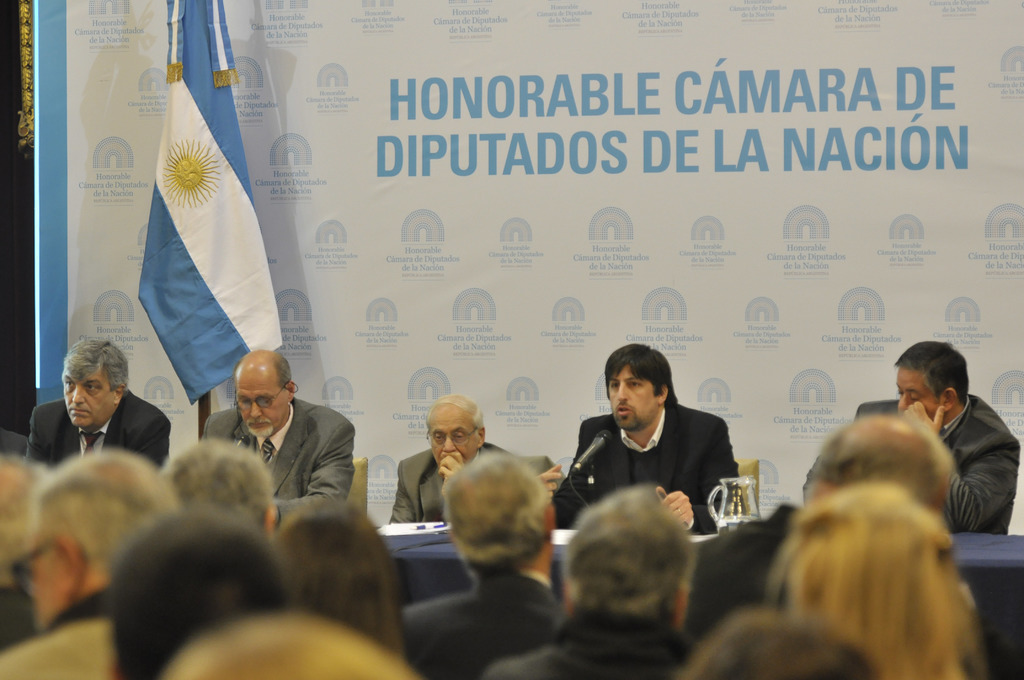 Eine Gruppe von Menschen sitzt in Reihen von Stühlen, mit einem Tisch vor der ersten Reihe, der einen Krug, Papiere und einen Stift enthält. Eine Person in der Mitte spricht in ein Mikrofon, mit einer weißen und blauen Flagge dahinter und einem weißen und blauen Hintergrund, auf dem 'ehrenwerte kamara de' geschrieben steht.