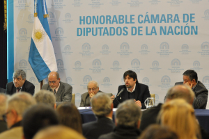 Eine Gruppe von Menschen sitzt in Reihen von Stühlen, mit einem Tisch vor der ersten Reihe, der einen Krug, Papiere und einen Stift enthält. Eine Person in der Mitte spricht in ein Mikrofon, mit einer weißen und blauen Flagge dahinter und einem weißen und blauen Hintergrund, auf dem 'ehrenwerte kamara de' geschrieben steht.