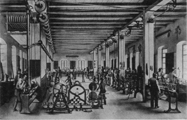 Eine Schwarz-Weiß-Zeichnung einer Fabrik mit Arbeitern, die Maschinen bedienen, Säulen, Fenstern und einer Decke, mit dem Text "Die Geschichte der Textilindustrie" unten.