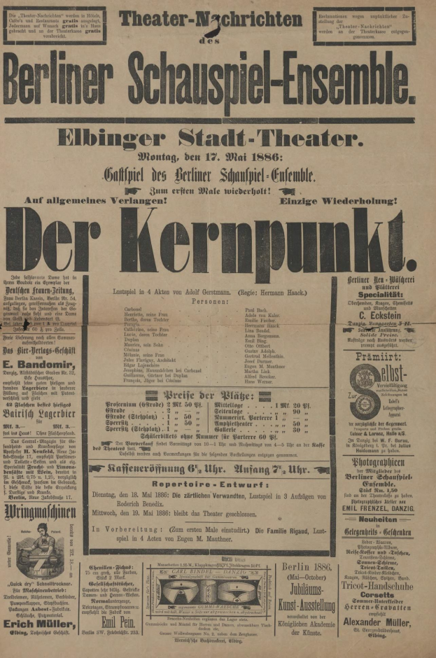 Schwarz-weißes Zeitungsinserat für das Berliner Schauspiel-Ensemble mit einem Mann im Anzug und Krawatte, mit Text, der das Ereignis beschreibt.