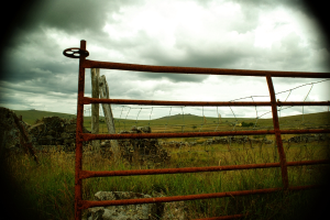 Eiserne Gitter mit Holzpfählen, Zaun, grasbedeckten Hügeln und bewölktem Himmel im Hintergrund.
