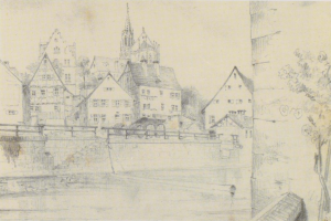 Ein Bleistift-Zeichnung mit dem Titel "Nürnberg, Deutschland" von Joseph Mallord William Turner, das eine Stadtansicht mit einem Fluss, Gebäuden, Bäumen und einer Brücke zeigt.