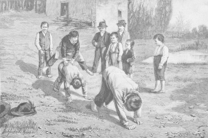 Schwarz-weißes Bild von Kindern, die auf einem Feld spielen, mit zwei Jungen, die in der Mitte kämpfen, während die anderen zuschauen, und einem Hut und Text auf der linken Seite.