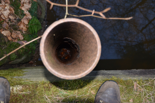 Eine Pipeline verläuft durch eine grasbewachsene Fläche mit verstreuten Zweigen, Bäumen im Hintergrund und einem Paar Schuhe in der Nähe unter einem klaren Himmel.