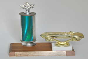 Ein glänzender, detaillierter Pokal mit einem Miniaturauto darauf, auf einer hellen Holzplatte montiert.