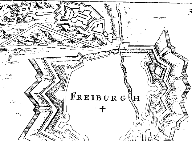 Eine Schwarz-Weiß-Karte von Freiburg, Deutschland, mit Straßen, Gebäuden und Sehenswürdigkeiten, beschriftet mit Text.