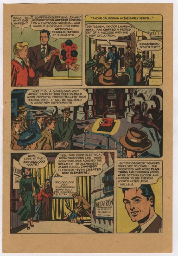 Eine Comicseite mit einem Mann in einem blauen Anzug, weißem Hemd und roter Krawatte mit einem ernsten Gesichtsausdruck, umgeben von Collagen aus Menschen, Gebäuden und fetter schwarzer Schrift.