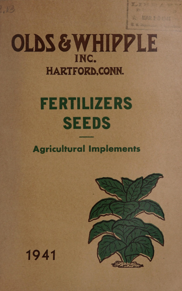 Alter Buchumschlag aus dem Jahr 1941 mit dem Titel "Düngemittel Samen Landwirtschaftliche Geräte" mit einer Abbildung einer grünen Pflanze mit Stielen und Blättern.