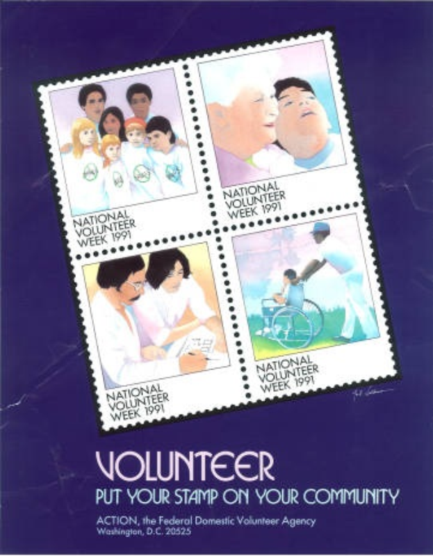 Ein Plakat mit einer Gruppe von verschiedenen, lächelnden Menschen vor einem hellblauen Himmel, mit der Schrift "Volunteer Put Your Stamp On Your Community" in fetter schwarzer Schrift oben.