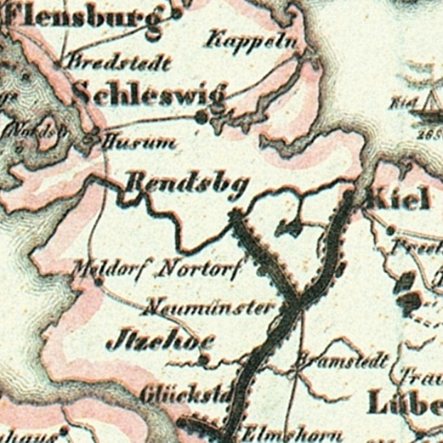 Detailierte alte Karte von Schleswig-Holstein mit Straßen, Gebäuden und Sehenswürdigkeiten sowie zusätzlichem Text über Bevölkerung, Straßen und bemerkenswerte Orte.