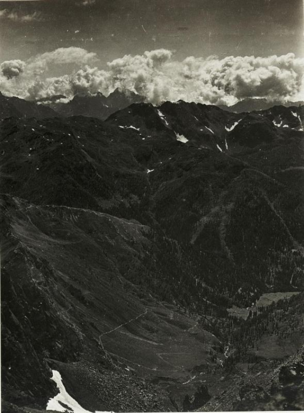 Schwarzes und weißes Foto einer Gebirgskette mit schneebedeckten Gipfeln, Bäumen und Wolken, betitelt "Ansicht der Alpen" von Albert Bierstadt.