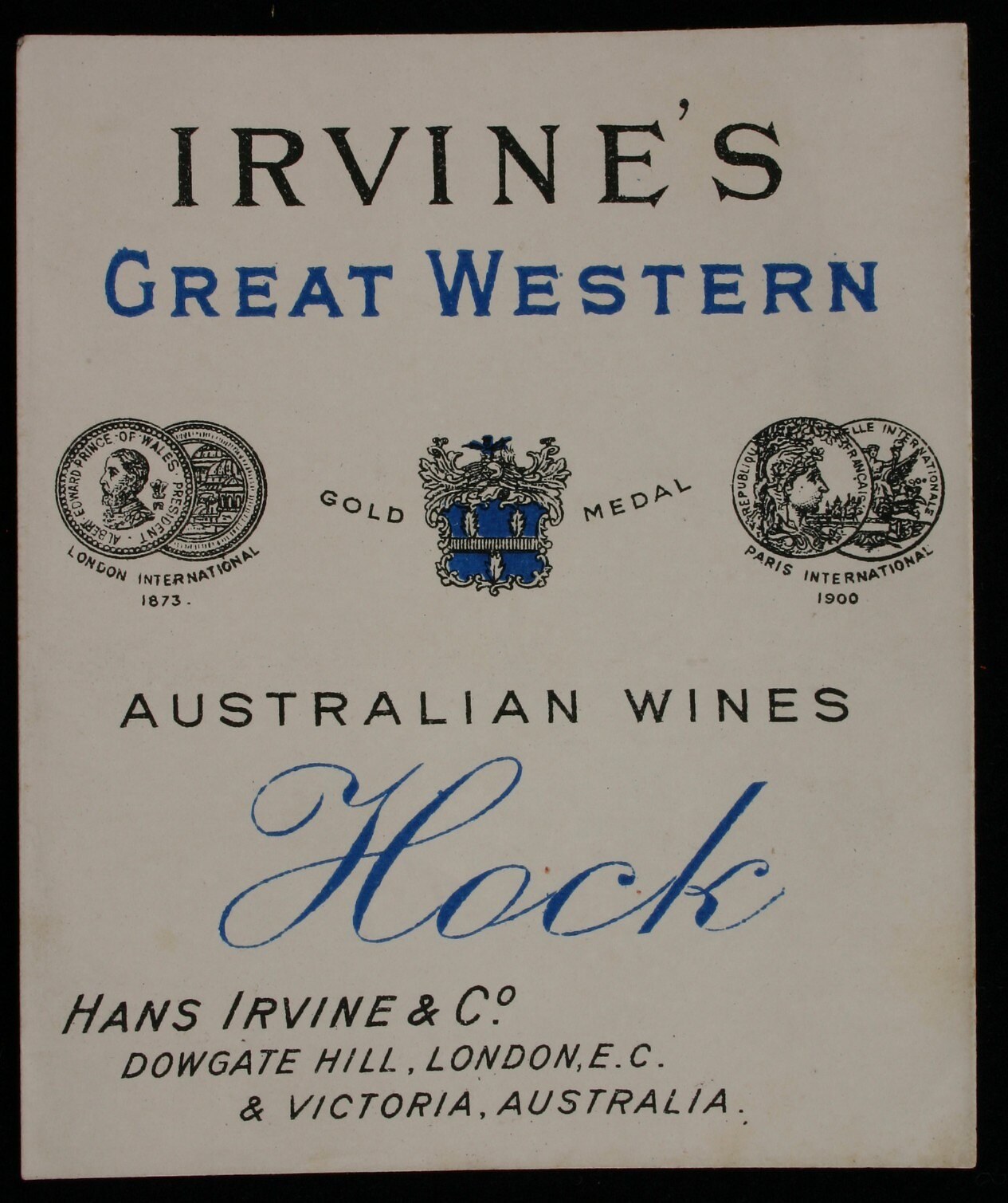 Plakat, das Irvine's Great Western Australian Wines bewirbt und den Text und Logos des Unternehmens enthält.