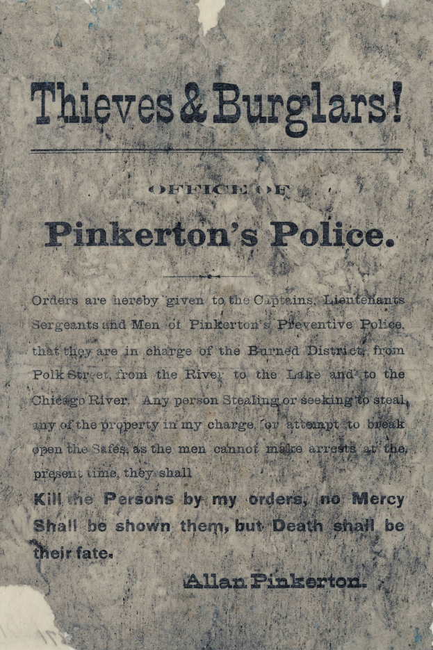 Plakat mit fetter schwarzer Schrift "Diebe & Einbrecher Pinkerton's Polizei" auf einem weißen Hintergrund, umrahmt von einem dünnen schwarzen Rand.