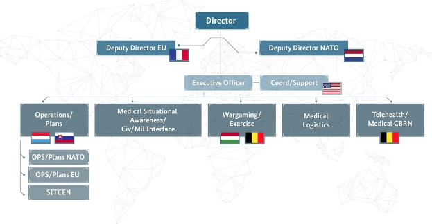 Diagramm der organisationalen Struktur der Europäischen Union mit Länderflaggen und beschrifteten Abteilungen und ihren Rollen.