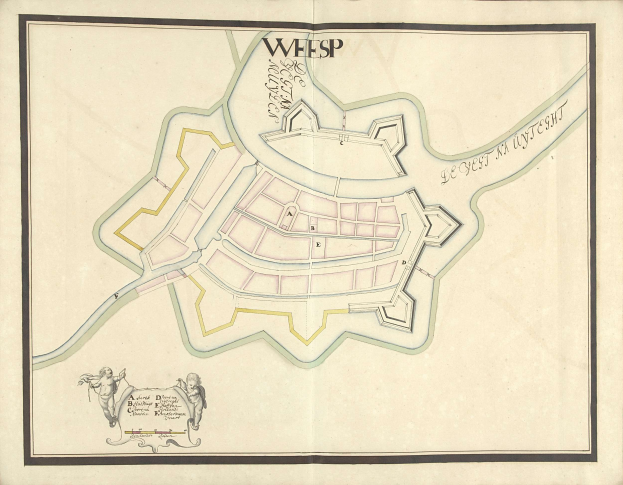 Detailierte Karte von Wiesbaden, Deutschland, mit Straßen, Gebäuden und Sehenswürdigkeiten auf altem Papier markiert.