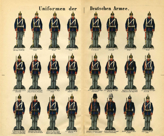 Ein Buch, das ein Raster verschiedener deutscher Armeeuniformen zeigt, jede mit einzigartigen Designs, Farben und Mustern, begleitet von beschreibendem Text.