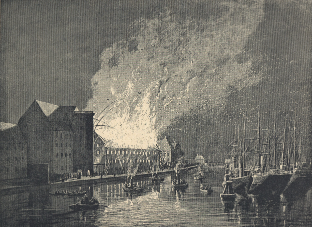 Eine Schwarz-Weiß-Zeichnung eines Hafens mit Booten, Gebäuden, Menschen und Himmel, mit dem Text "Feuerwerke in London, England" unten.