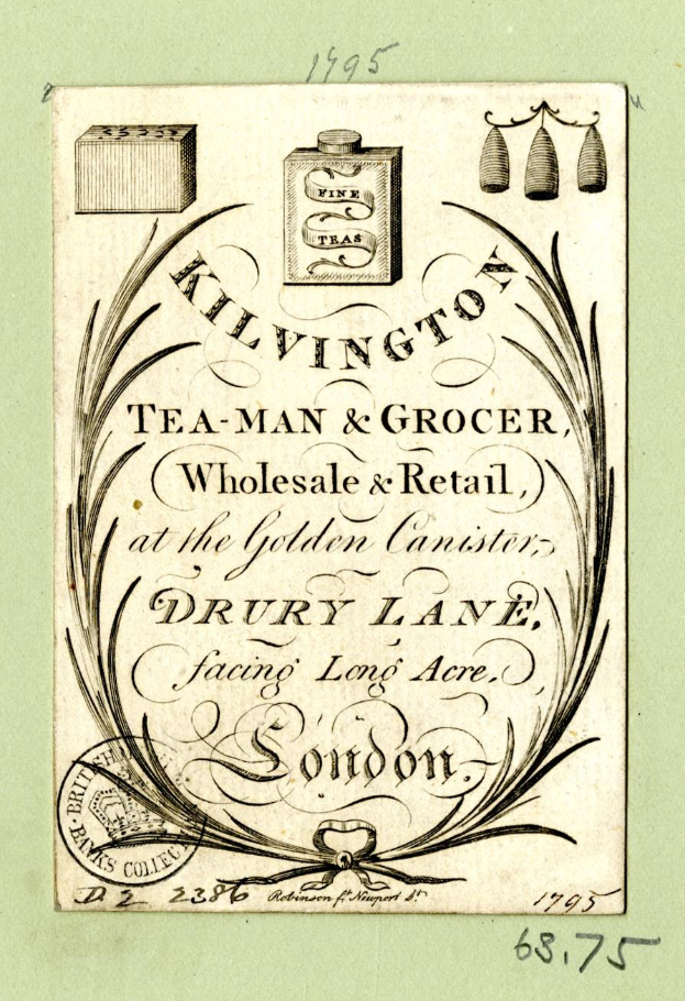 Black-and-white advertisement for Kilvington Tea-Man & Grocer, a wholesale and retail store, with text listing its offerings.