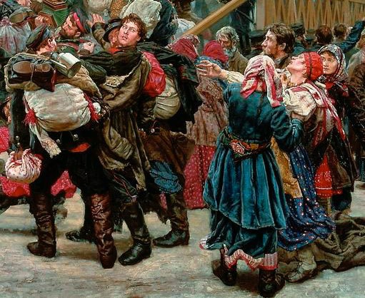 Gemälde, das eine Gruppe von Menschen zeigt, die vor einer Menge tanzen, während einer lebhaften Szene aus der russischen Revolution, mit einigen, die Gegenstände halten, vor einem hölzernen Haus und traditioneller russischer Kleidung.