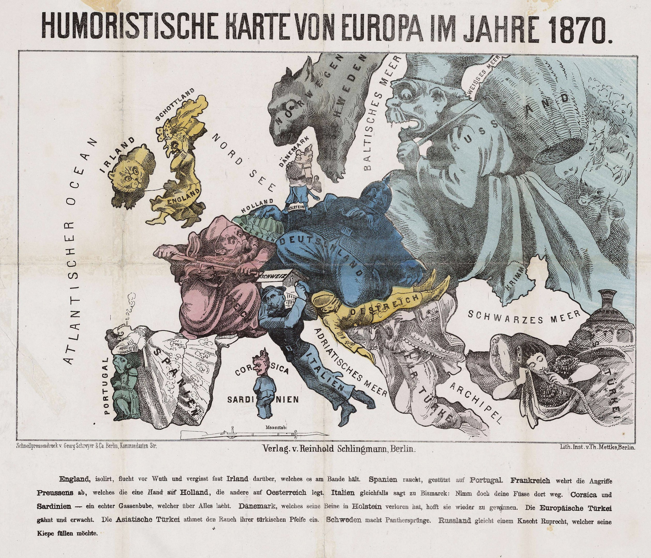 Ein Plakat mit der Aufschrift "Humoristische Karte von Europa im Jahre 1870" zeigt eine Karte von Europa umgeben von Cartoon-Bildern und Text.