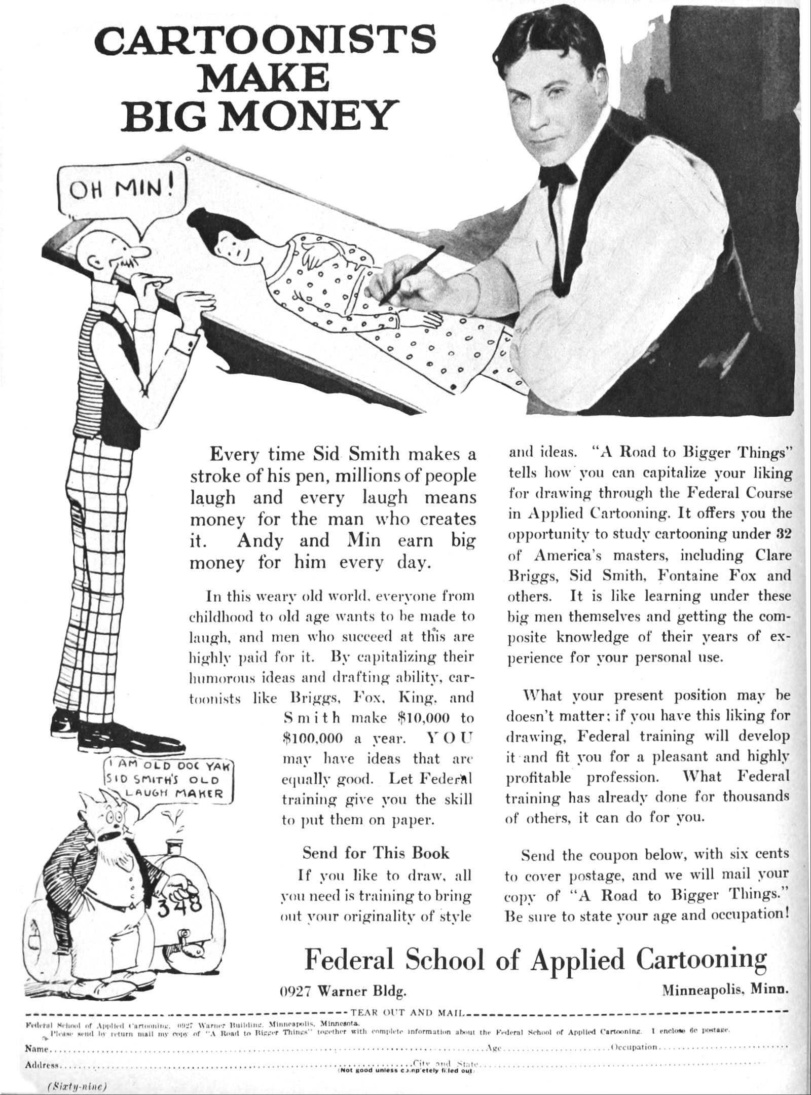 Werbung für die Bundesakademie für Angewandte Karikatur mit einem Mann im Smoking zwischen einer Frau im Kleid und einem anderen Mann, mit der Aufschrift "Karikaturisten verdienen viel Geld."