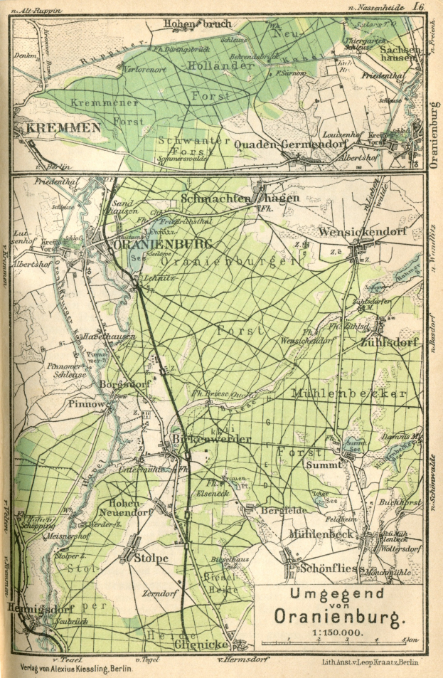 Ein detaillierter alter Stadtplan von Oranienburg, Deutschland, mit Text, der einen √úberblick √ľber die Gegend bietet.
