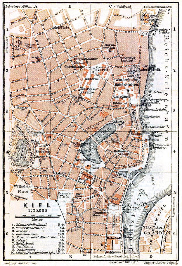 Ein altes Stadtplan von Kiel, Deutschland, zeigt Straßen, Gebäude und Sehenswürdigkeiten mit Text oben und unten.
