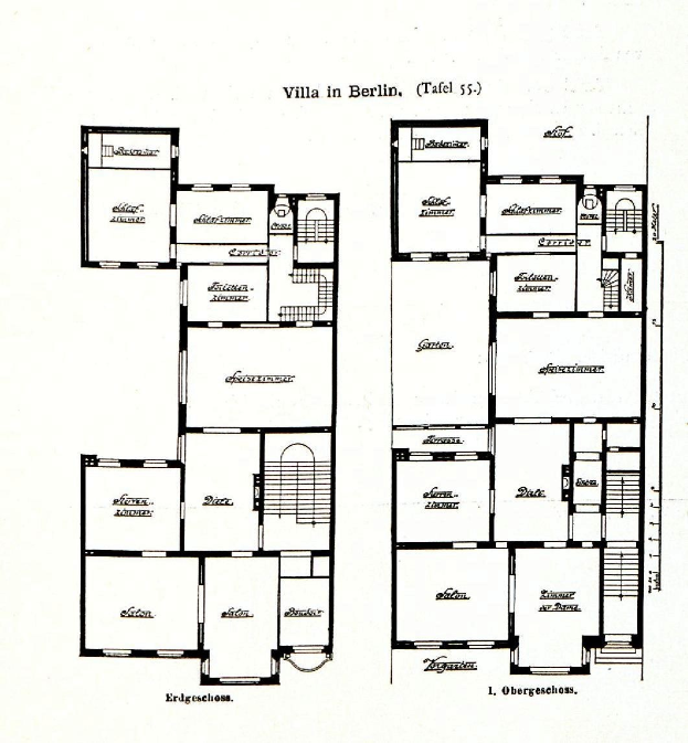 Schwarz-weißes Architekturdiagramm eines Berliner Hauses mit beschrifteten Räumlichkeiten, Fenstern und Türöffnungen.