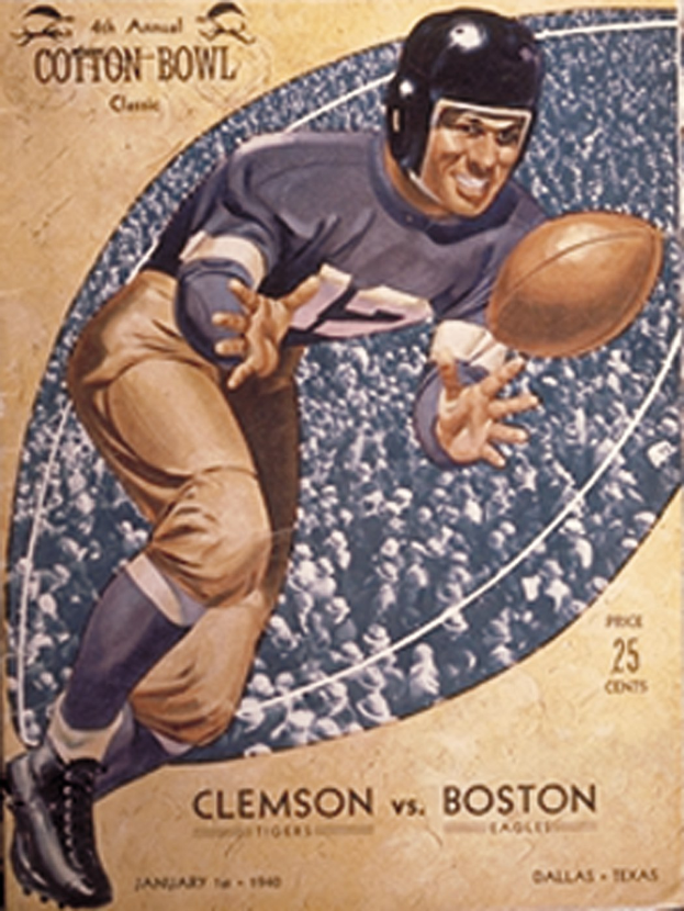 Ein Plakat eines Football-Spielers in einem Helm, der einen Football hält, mit der Aufschrift "Cotton Bowl Cleveland vs Boston" darüber, der eine entschlossene Miene zeigt.