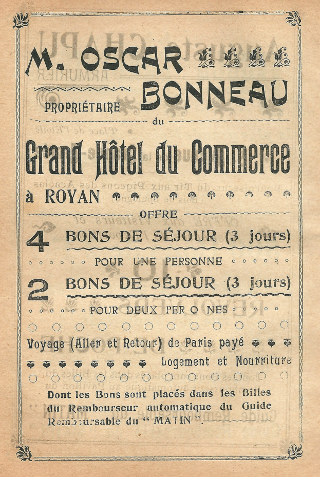 Schwarze und weiße Anzeige für das Grand Hotel du Commerce in Paris mit Text über die Hotelservices