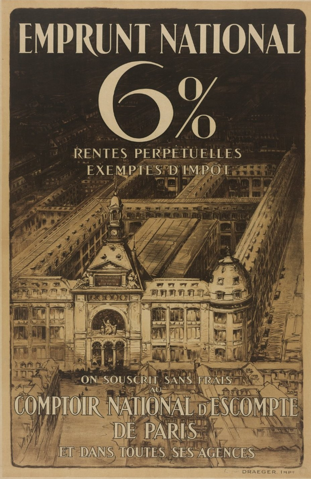Plakat mit einem zweistöckigen Gebäude mit rotem Dach und weißen Wänden, Text lautet "emprunt national 6% - rentes perpetuelles exemptes impot" in fetter schwarzer Schrift auf einem hellblauen Hintergrund.