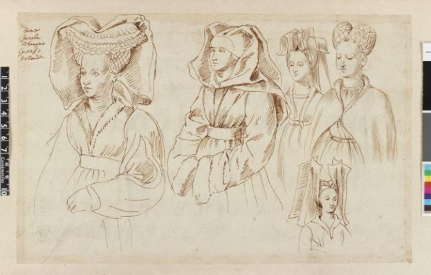 Ein detailliertes Zeichnung von drei Frauen in Kleidern und Hüten, mit einer Skala und Farbpalette auf dem Papier, unter Verwendung von leuchtenden und einprägsamen Farben.