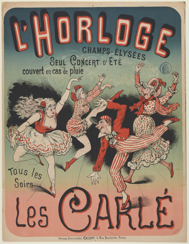 Plakat für ein Konzert im Chorlage in Paris mit einer Gruppe von Menschen, die in bunten Kostümen tanzen und strahlend lächeln, vor einem gelben Hintergrund und fetter Schrift.