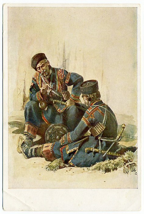 Zwei Männer in Militäruniformen sitzen auf dem Boden, einer spielt ein Musikinstrument und der andere hält ein Objekt, mit dem Wort 'Kasachstan' unten.