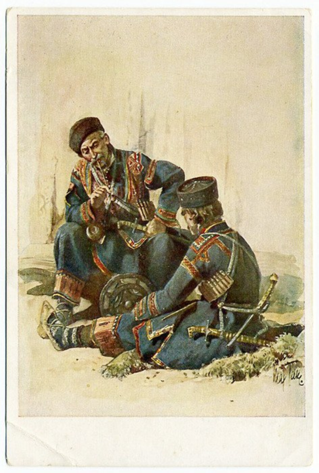 Zwei Männer in Militäruniformen sitzen auf dem Boden, einer spielt ein Musikinstrument und der andere hält ein Objekt, mit dem Wort 'Kasachstan' unten.