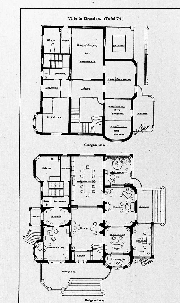 Ein Schwarz-Weiß-Bodenplan-Zeichnung eines Hauses mit mehreren Zimmern, das als Villa in Dresden, Deutschland, identifiziert wird, mit Text, der das Layout, die Zimmeranzahl und die Zimmergrößen beschreibt.