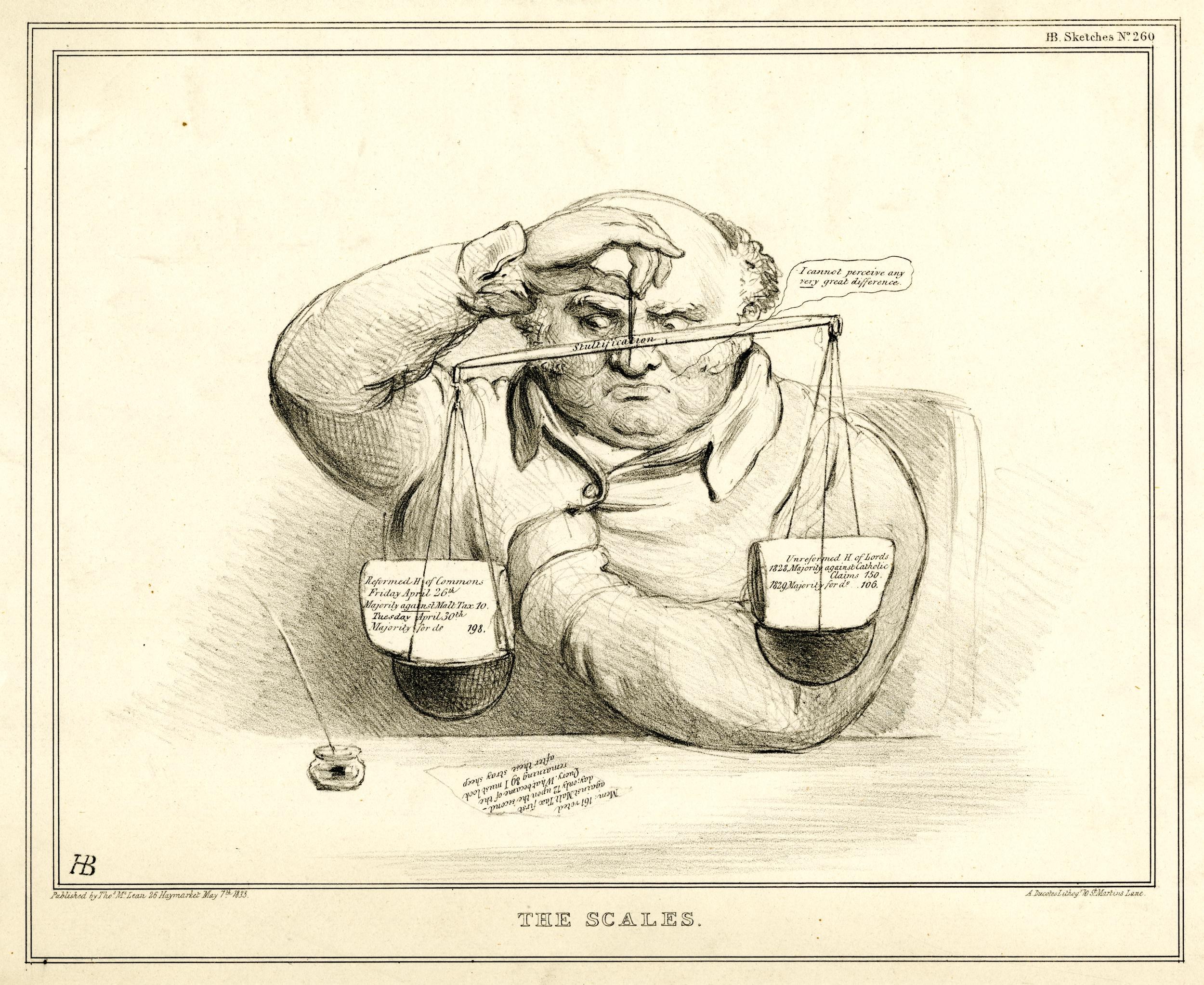 Ein Anwalt in Anzug sitzt an einem Tisch mit einer Waage vor ihm, die er mit Texten und Zahlen versieht.