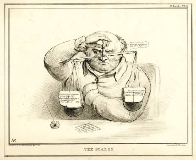 Ein Anwalt in Anzug sitzt an einem Tisch mit einer Waage vor ihm, die er mit Texten und Zahlen versieht.