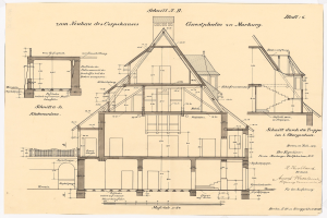 Ein detailliertes architektonisches Zeichnung eines Hauses mit zahlreichen Fenstern und einem Dach, identifiziert als das erste Haus in Deutschland, begleitet von Strukturplänen und Text auf Papier.