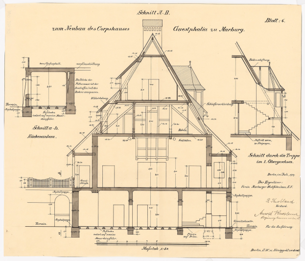 Ein detailliertes architektonisches Zeichnung eines Hauses mit zahlreichen Fenstern und einem Dach, identifiziert als das erste Haus in Deutschland, begleitet von Strukturplänen und Text auf Papier.
