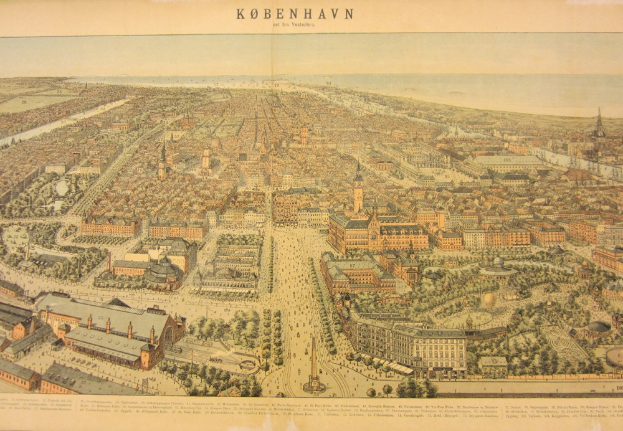 Ein altes Stadtplan von Kopenhagen, Dänemark, das Gebäude, Bäume, Straßen und Wasser zeigt, mit Text oben.