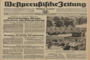 Schwarze-weiß-Titelbild einer deutschen Zeitung vom 13. November 1939, betitelt 'Weitpreubliche Zeitung', zeigt eine Gruppe von Menschen in traditioneller deutscher Kleidung in einer feierlichen Atmosphäre.