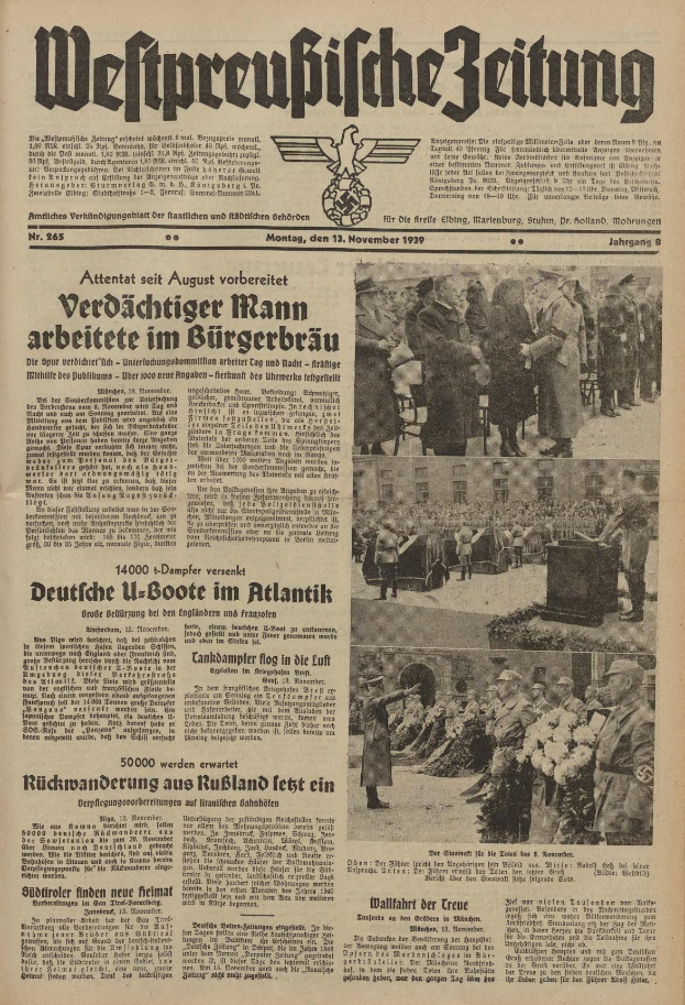 Schwarze-weiß-Titelbild einer deutschen Zeitung vom 13. November 1939, betitelt 'Weitpreubliche Zeitung', zeigt eine Gruppe von Menschen in traditioneller deutscher Kleidung in einer feierlichen Atmosphäre.