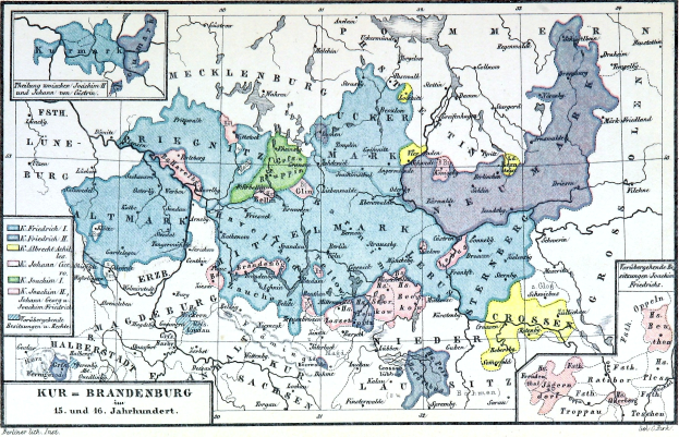 Eine detaillierte Deutschlandkarte mit der Provinz Brandenburg, die Städte, Ortschaften und geografische Merkmale zeigt, sowie Textinformationen zu Provinzen und ihren Hauptstädten.